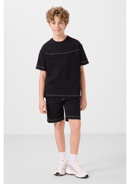 Siyah Pamuklu Oversize Fit Dokuma Hafif Esnek Chino Erkek Çocuk Şort Takım - 11279