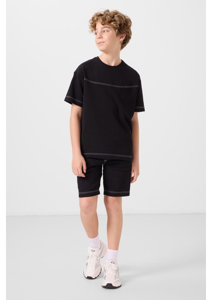 Siyah Pamuklu Oversize Fit Dokuma Hafif Esnek Chino Erkek Çocuk Şort Takım - 11279 indirimleri