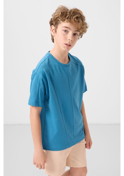 Petrol Mavi Pamuklu Yumuşak Dokulu Oversize Basic Erkek Çocuk T-Shirt - 11297 fiyatları