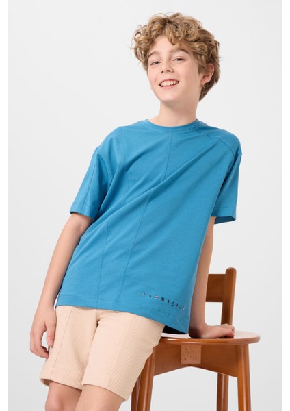 Petrol Mavi Pamuklu Yumuşak Dokulu Oversize Basic Erkek Çocuk T-Shirt - 11297 indirimleri