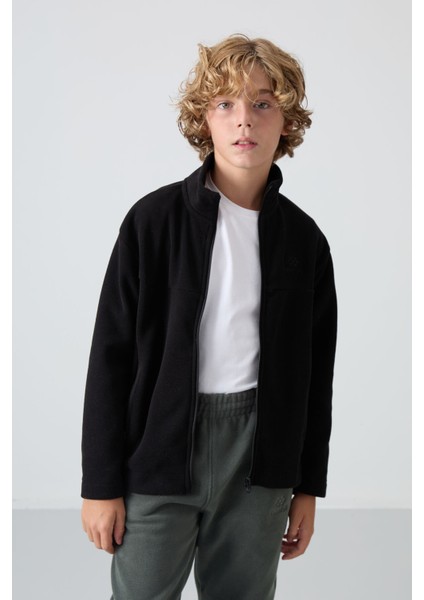 Siyah Kalın Yumuşak Dokulu Standart Fit Nakışlı Polar Erkek Çocuk Sweatshirt - 11223