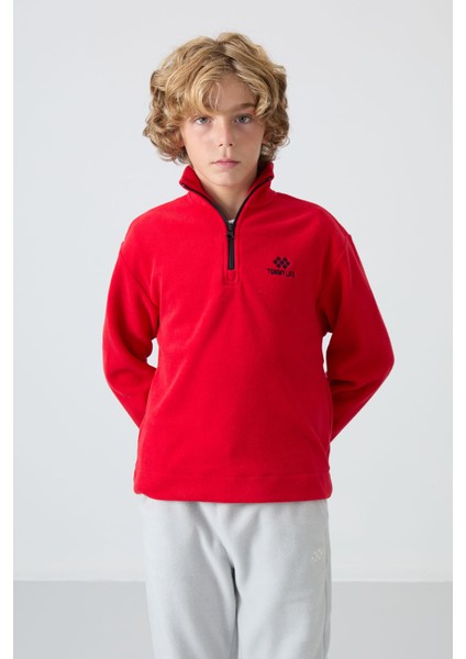 Kırmızı Kalın Yumuşak Dokulu Standart Fit Nakışlı Polar Erkek Çocuk Sweatshirt - 11221