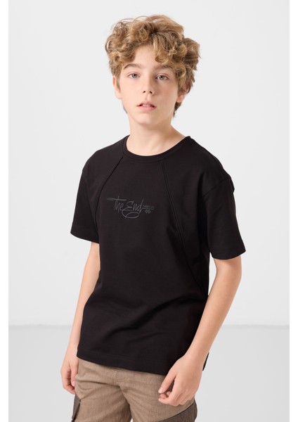 Siyah Pamuklu Yumuşak Dokulu Oversize Baskılı Erkek Çocuk T-Shirt - 11285