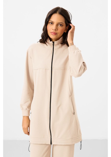 Ekru Dik Yaka Fermuarlı Pamuklu Kadın Eşofman Tunik Takım - 95346 modelleri