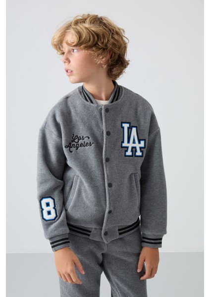 Gri Melanj Kalın Yumuşak Dokulu Standart Fit Nakışlı Polar Erkek Çocuk Kolej Ceket - 11227