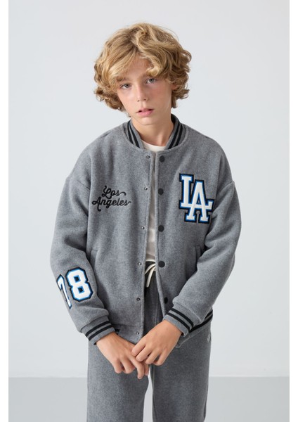 Gri Melanj Kalın Yumuşak Dokulu Standart Fit Nakışlı Polar Erkek Çocuk Kolej Ceket - 11227 modelleri