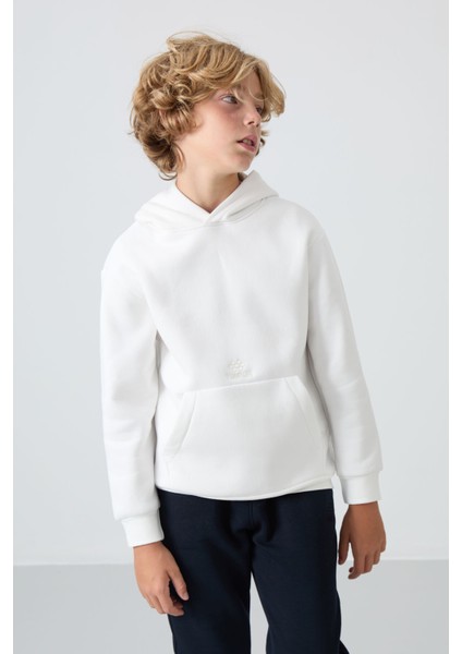 Ekru Pamuklu Kalın İçi Tüylü Yumuşak Dokulu Standart Fit Baskılı Erkek Çocuk Sweatshirt - 11215