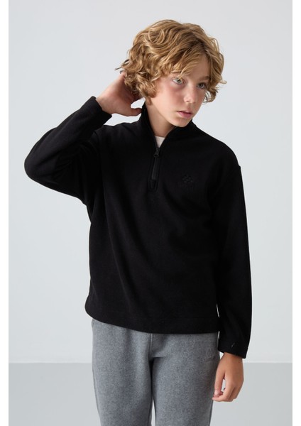 Siyah Kalın Yumuşak Dokulu Standart Fit Nakışlı Polar Erkek Çocuk Sweatshirt - 11221