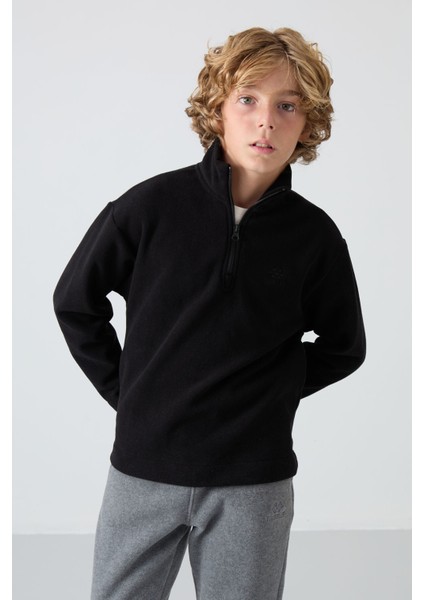Siyah Kalın Yumuşak Dokulu Standart Fit Nakışlı Polar Erkek Çocuk Sweatshirt - 11221 fırsatları