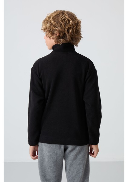 Siyah Kalın Yumuşak Dokulu Standart Fit Nakışlı Polar Erkek Çocuk Sweatshirt - 11221 indirimleri