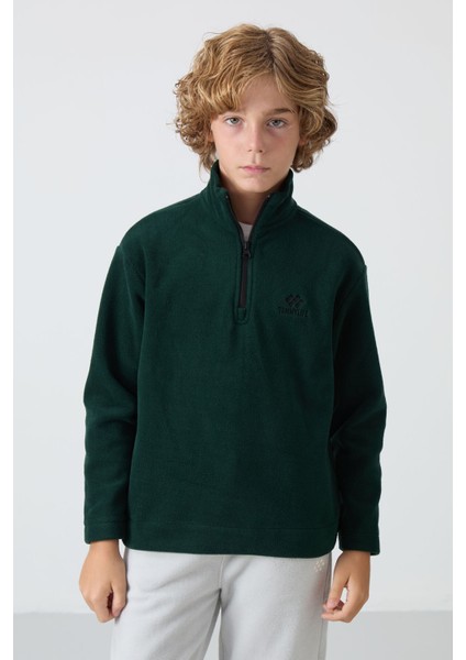 Çam Yeşil Kalın Yumuşak Dokulu Standart Fit Nakışlı Polar Erkek Çocuk sweatshirt - 11221