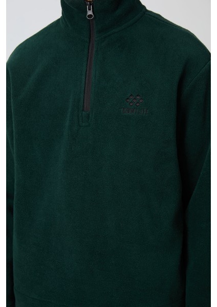 Çam Yeşil Kalın Yumuşak Dokulu Standart Fit Nakışlı Polar Erkek Çocuk sweatshirt - 11221 modelleri