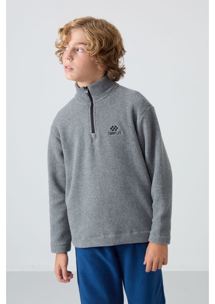 Gri Melanj Kalın Yumuşak Dokulu Standart Fit Nakışlı Polar Erkek Çocuk Sweatshirt - 11221