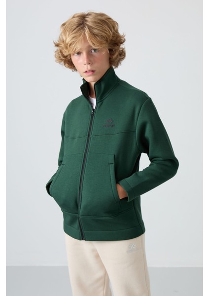 Çam Yeşil Pamuklu Kalın İçi Tüylü Yumuşak Dokulu Standart Fit Nakışlı Erkek Çocuk Sweatshirt - 11245