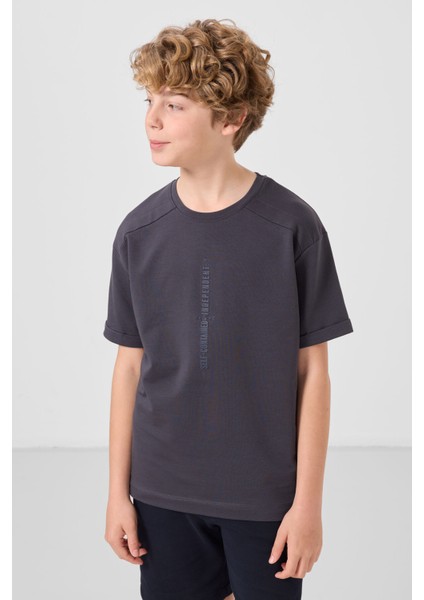 Antrasit Pamuklu Yumuşak Dokulu Oversize Baskılı Erkek Çocuk T-Shirt - 11301 modelleri