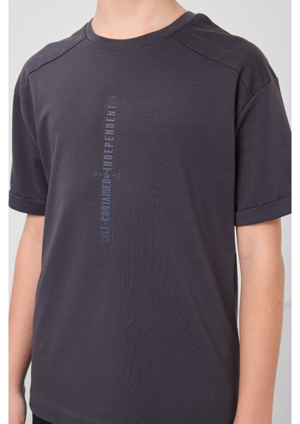 Antrasit Pamuklu Yumuşak Dokulu Oversize Baskılı Erkek Çocuk T-Shirt - 11301 fırsatları
