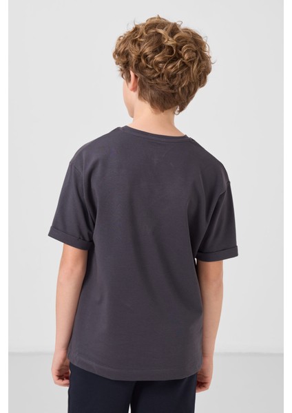 Antrasit Pamuklu Yumuşak Dokulu Oversize Baskılı Erkek Çocuk T-Shirt - 11301 indirimleri