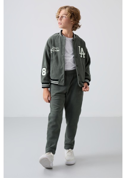 Haki Kalın Yumuşak Dokulu Standart Fit Nakışlı Polar Erkek Çocuk Kolej Ceket - 11227 modelleri