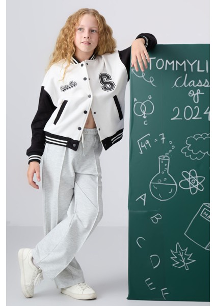 Kar Melanj Cepli Ön Dikiş Detaylı Geniş Paça Kız Çocuk Eşofman Altı -75144