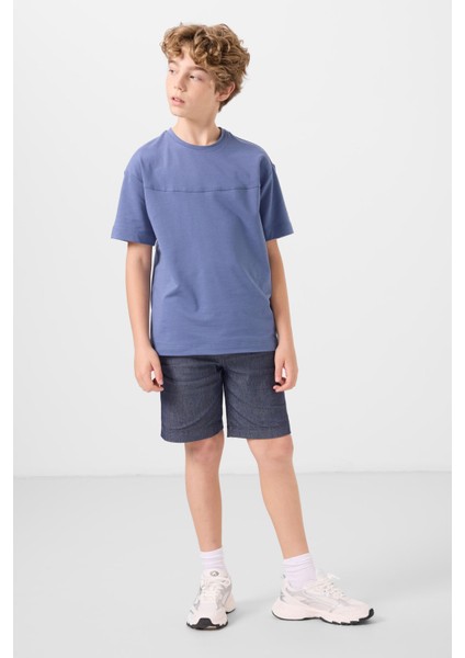 Koyu Mavi-Kot Lacivert Pamuklu Oversize Fit Dokuma Hafif Esnek Chino Erkek Çocuk Şort Takım - 11279