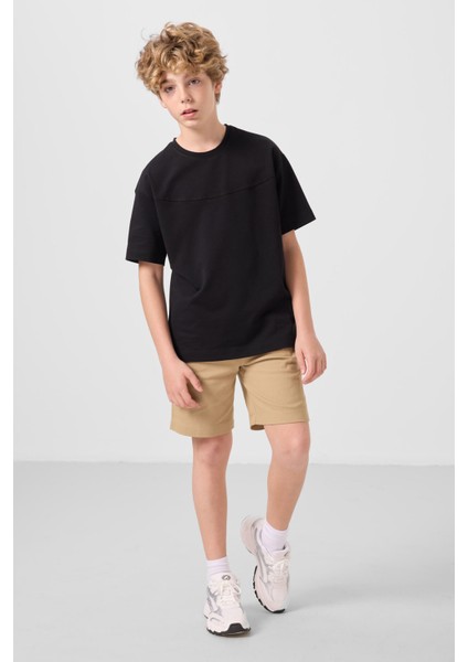 Siyah-Koyu Bej Pamuklu Oversize Fit Dokuma Hafif Esnek Chino Erkek Çocuk Şort Takım - 11279 indirimleri