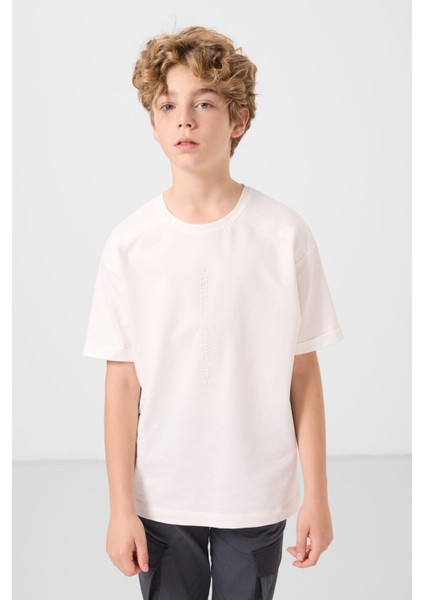Ekru Pamuklu Yumuşak Dokulu Oversize Baskılı Erkek Çocuk T-Shirt - 11301 modelleri