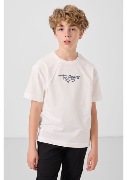 Ekru Pamuklu Yumuşak Dokulu Oversize Baskılı Erkek Çocuk T-Shirt - 11285