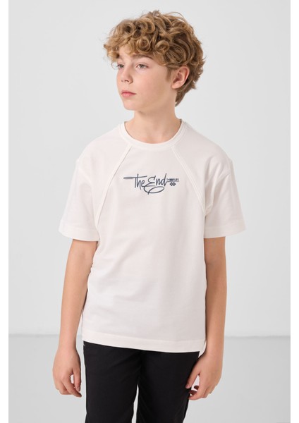 Ekru Pamuklu Yumuşak Dokulu Oversize Baskılı Erkek Çocuk T-Shirt - 11285 modelleri