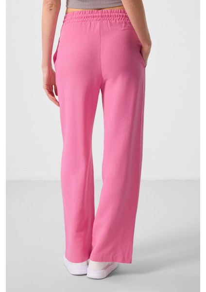 Fuşya Keten Geniş Paça Rahat Form Kadın Palazzo Pantolon - 94675 indirimleri