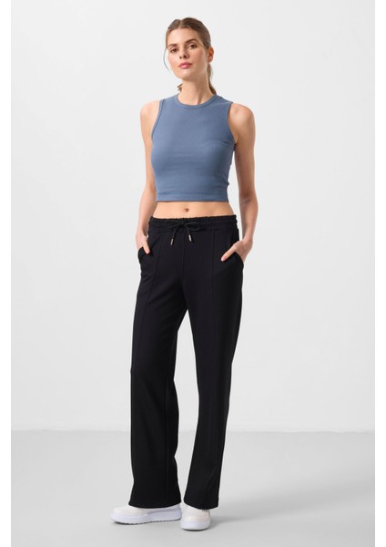 Siyah Yumuşak Dokulu Cepli Ön Dikiş Detaylı Kadın Palazzo Pantolon - 94670