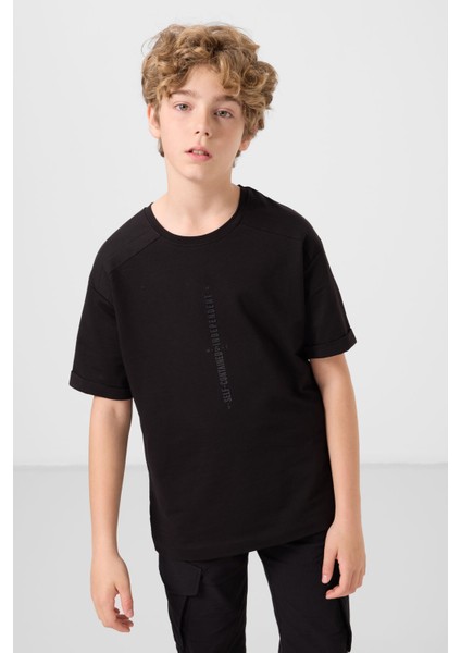 Siyah Pamuklu Yumuşak Dokulu Oversize Baskılı Erkek Çocuk T-Shirt - 11301