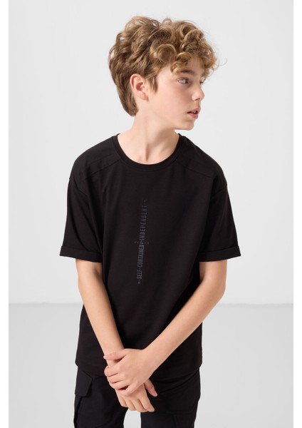 Siyah Pamuklu Yumuşak Dokulu Oversize Baskılı Erkek Çocuk T-Shirt - 11301 fırsatları