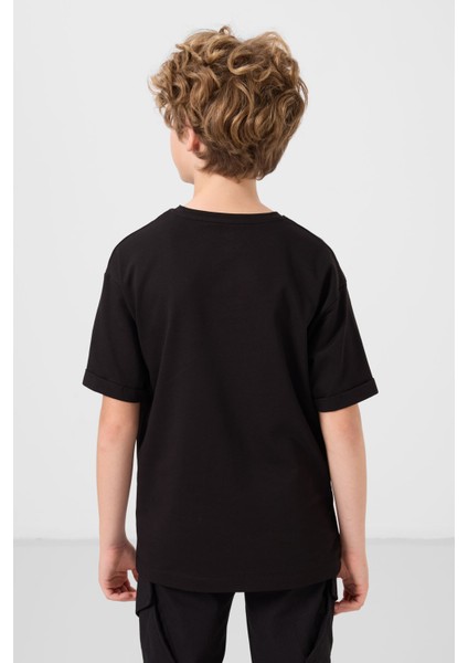 Siyah Pamuklu Yumuşak Dokulu Oversize Baskılı Erkek Çocuk T-Shirt - 11301 indirimleri