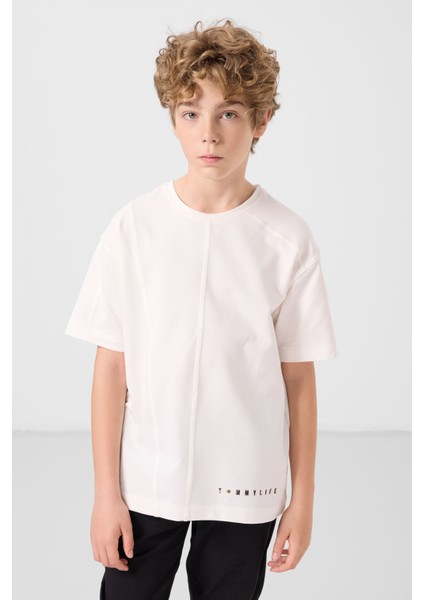 Ekru Pamuklu Yumuşak Dokulu Oversize Basic Erkek Çocuk T-Shirt - 11297