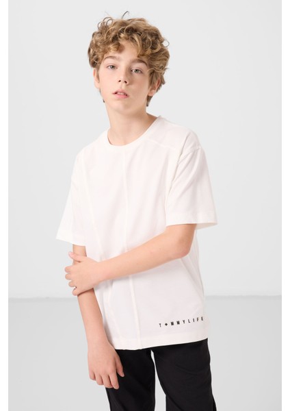 Ekru Pamuklu Yumuşak Dokulu Oversize Basic Erkek Çocuk T-Shirt - 11297 modelleri
