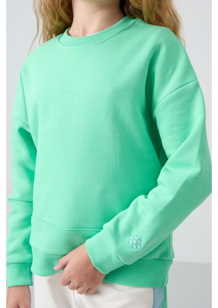 Su Yeşil Pamuklu İçi Tüylü Yumuşak Dokulu Oversize Nakışlı Kız Çocuk Sweatshirt - 75150 fiyatları