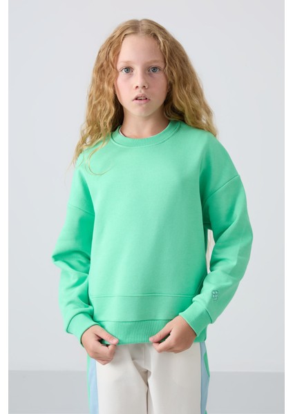Su Yeşil Pamuklu İçi Tüylü Yumuşak Dokulu Oversize Nakışlı Kız Çocuk Sweatshirt - 75150 fırsatları