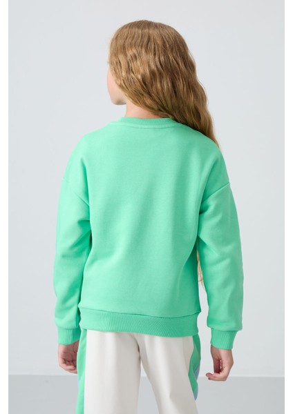 Su Yeşil Pamuklu İçi Tüylü Yumuşak Dokulu Oversize Nakışlı Kız Çocuk Sweatshirt - 75150 indirimleri