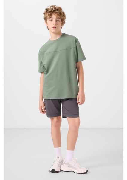 Açık Yeşil-Antrasit Pamuklu Oversize Fit Dokuma Hafif Esnek Chino Erkek Çocuk Şort Takım - 11279