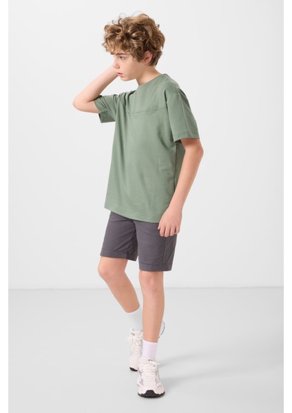 Açık Yeşil-Antrasit Pamuklu Oversize Fit Dokuma Hafif Esnek Chino Erkek Çocuk Şort Takım - 11279 modelleri