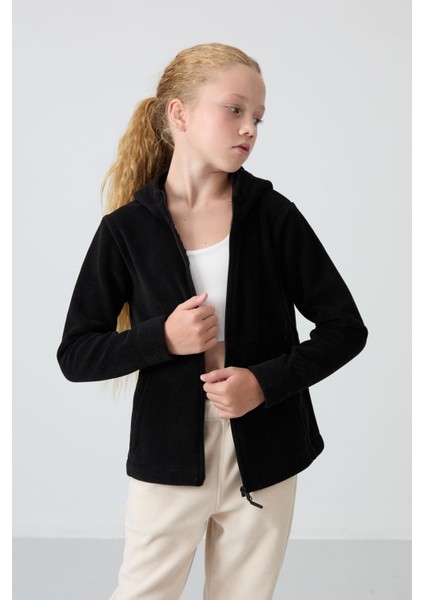 Siyah Kalın Yumuşak Dokulu Standart Fit Nakışlı Polar Kız Çocuk Sweatshirt - 75152