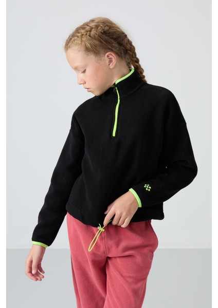 Siyah Kalın Yumuşak Dokulu Standart Fit Nakışlı Polar Kız Çocuk Sweatshirt - 75151