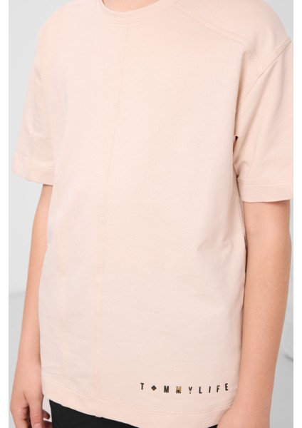 Bej Pamuklu Yumuşak Dokulu Oversize Basic Erkek Çocuk T-Shirt - 11297 modelleri