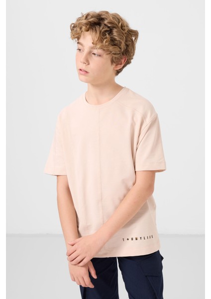 Bej Pamuklu Yumuşak Dokulu Oversize Basic Erkek Çocuk T-Shirt - 11297 fırsatları