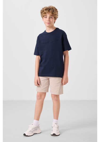 Lacivert-Taş Pamuklu Oversize Fit Dokuma Hafif Esnek Chino Erkek Çocuk Şort Takım - 11279