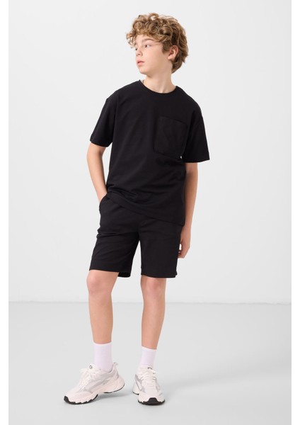 Siyah Pamuklu Oversize Fit Dokuma Hafif Esnek Chino Erkek Çocuk Şort Takım - 11278