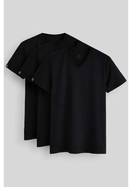 Standart Fit Basic V Yaka 3lü Paket Siyah Erkek T-Shirt 87912