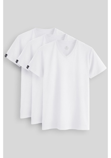 Standart Fit Basic V Yaka 3lü Paket Beyaz Erkek T-Shirt 87912