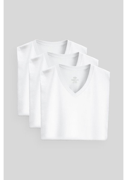 Standart Fit Basic V Yaka 3lü Paket Beyaz Erkek T-Shirt 87912 fiyatları
