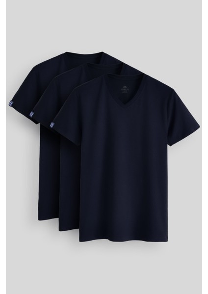 Standart Fit Basic V Yaka 3lü Paket Lacivert Erkek T-Shirt 87912